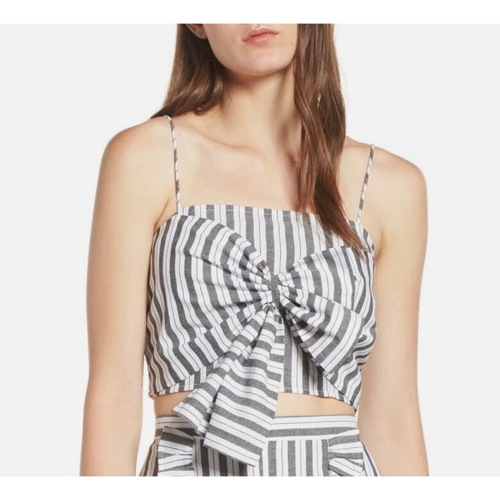 M5‎ The Fifth Label Striped Bow Front Crop Top Grey White Smocked Back Size M